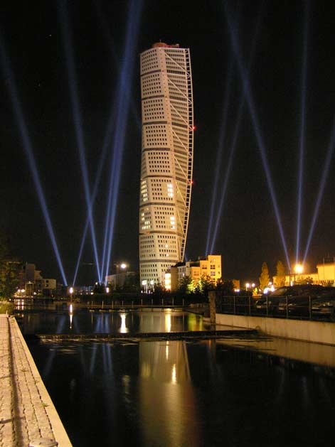 Turning Torso lights mirrored in the canal